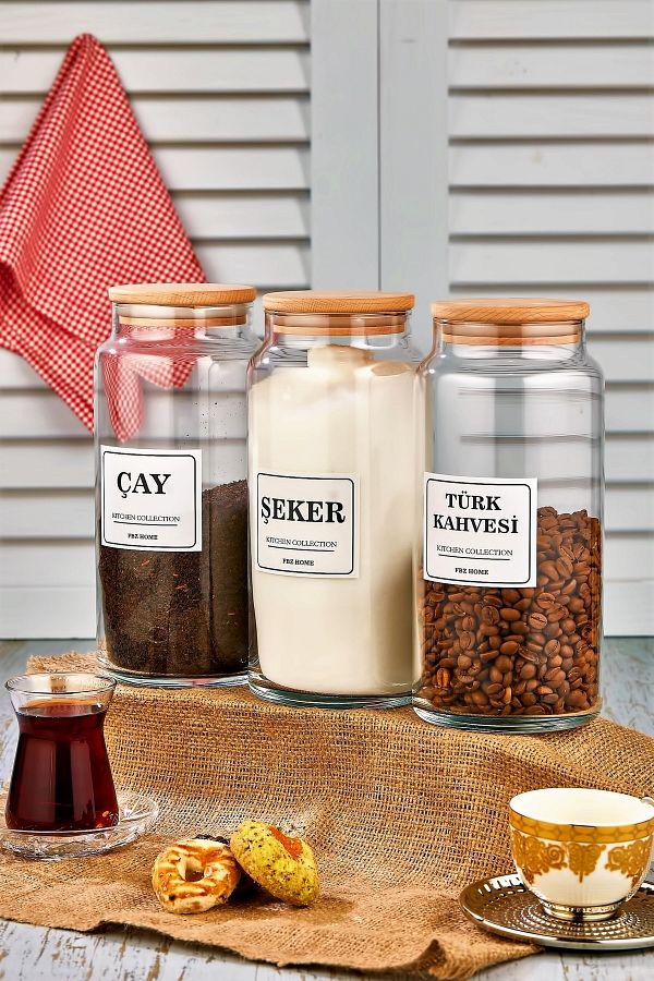 FBZhome-3-Piece Wooden Lid Tea & Turkish Coffee & Sugar Storage Container 1300 Ml Glass Jar 1