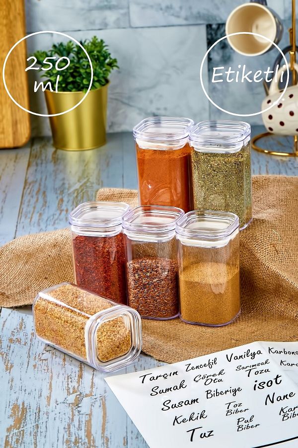 FBZhome-6-Piece Acrylic Spice Jar with Label 250 Ml Storage Container 1