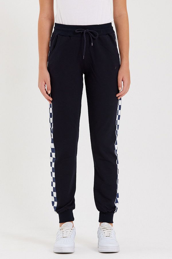 Runever Navy Blue Checkerboard Stripe Detailed Women s Sweatpants with Elastic Waist and Legs Trendyol