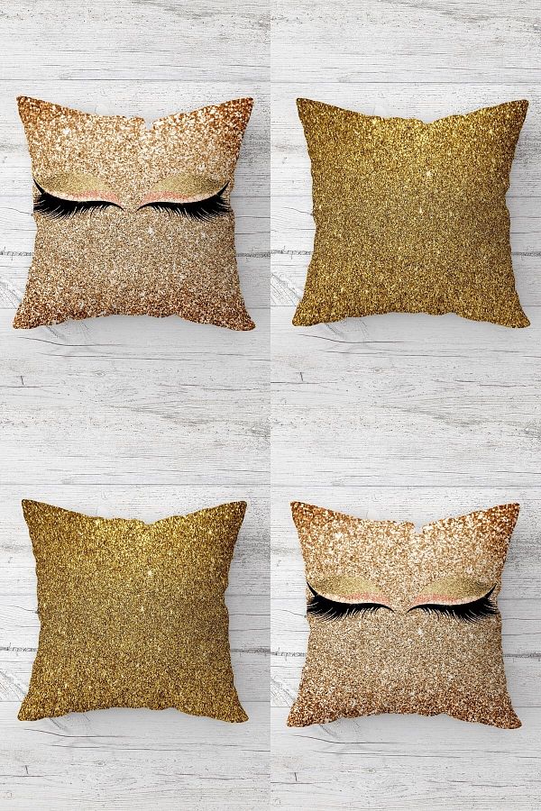 on the clouds-Long Eyelashes and Gold Sequin Patterned Hidden Zipper Throw Pillow Case Pillow Case Set (4Pcs) 1