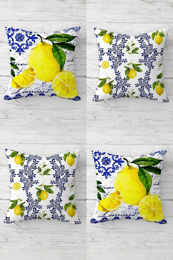 on the clouds-Lemon and Lemon Flowers Patterned Hidden Zippered Throw Pillow Cover Sofa Pillow Cover Set (4pcs) 1
