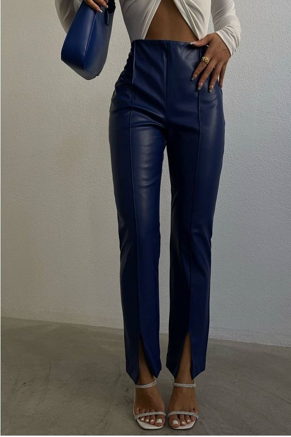 lovebox Women s High Waist Slit Detailed Blue Faux Leather Trousers 200022 Trendyol