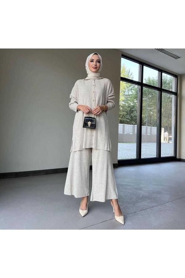 MODAMÜNASİP Wonderful Women's Color Buttoned Front Shirt Collar Trousers and Tunic Corded Knitwear Set