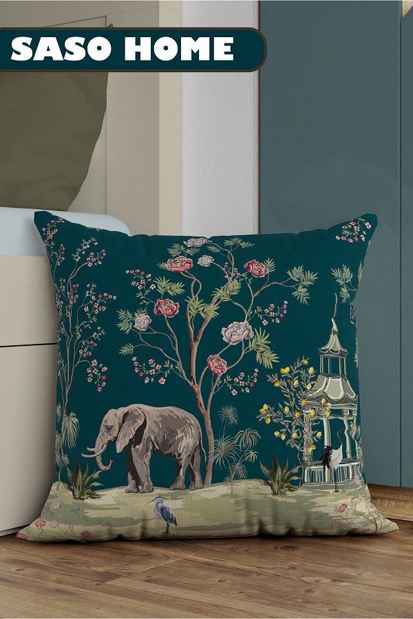 SasoHome-Pernă decorativă pentru cadou cu model turcoaz elefant și trandafiri - husă de pernă 1