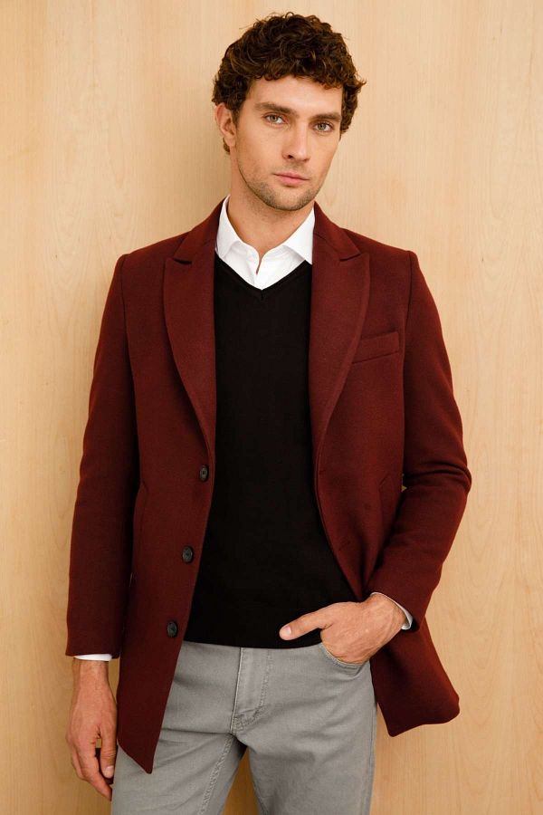 gs Men s Claret Red Standard Pointed Collar Coat Trendyol