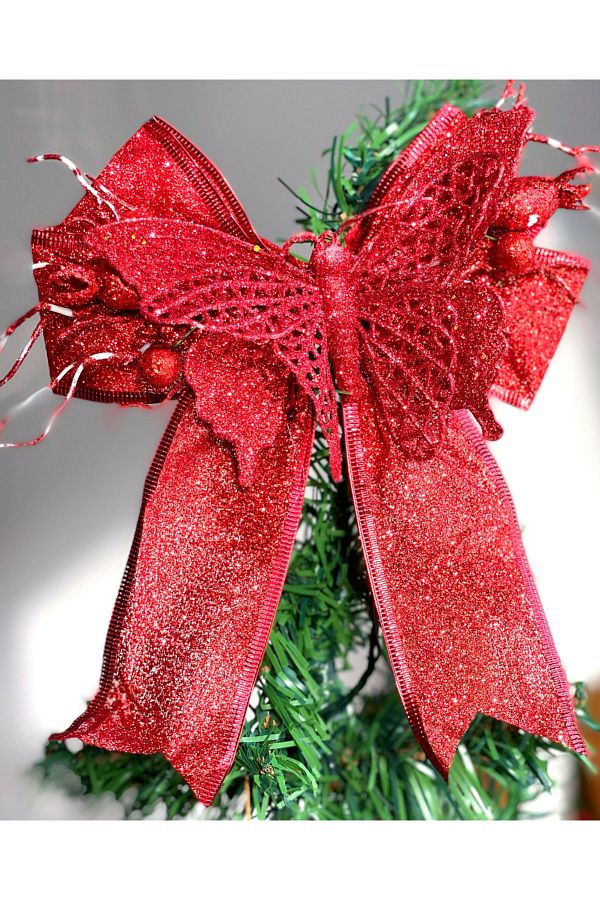QUEEN AKSESUAR-Imported Luxury Large New Year Christmas Pine Tree Butterfly Flower Ornament Red Glitter Decorative Flower Bow 1