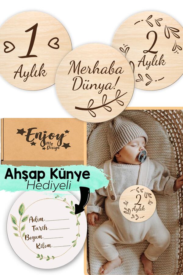 Enjoymydesign 12 Aylık Ahşap Plak Seti Bebek Aylık Fotoğraf Kartları Bebek Hediyelik Hatıra Kartı