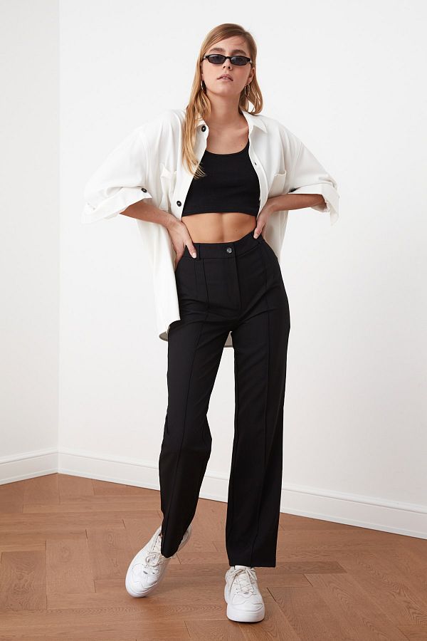 Trendyol Collection-Schwarze, gerade geschnittene, gerippte, genähte Webhose mit hoher Taille TWOSS21PL0093 1
