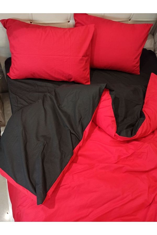 ŞENER HOME-Double Color Single Duvet Cover Set with Double Sided Usable Sheet Elastic - Red, Black 1