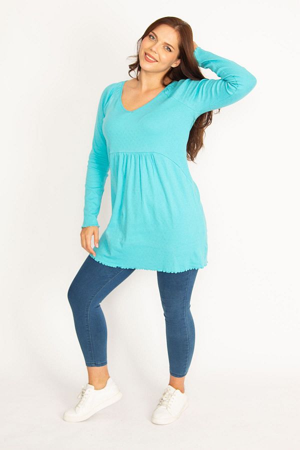 Şans-Women's Large Size Turquoise V-Neck Waist Detailed Tunic 65n34938 1