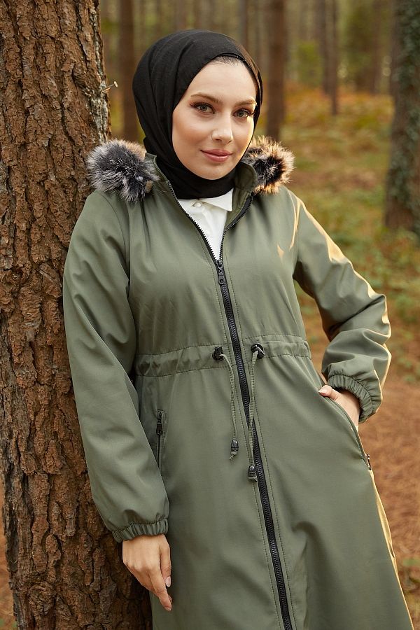 InStyle 4601 Rainproof Coat with Fleece Inside Khaki Trendyol
