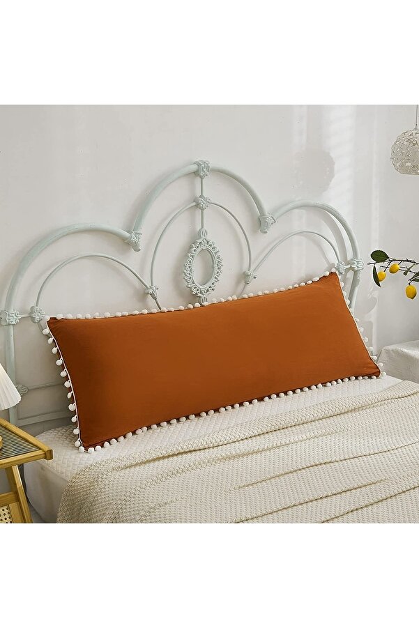 Tinybabyconcept Doğal Pamuklu Uzun Hamile Yastığı Kılıfı 50x135 Cm Ponpon Kenarlı Tarçın, Nefes Alabilir, Dekoratif