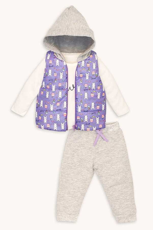 bebizu Kapüşonlu Yelek Uzun Kollu Tshirt Ve Pantolon 3'lü Takım