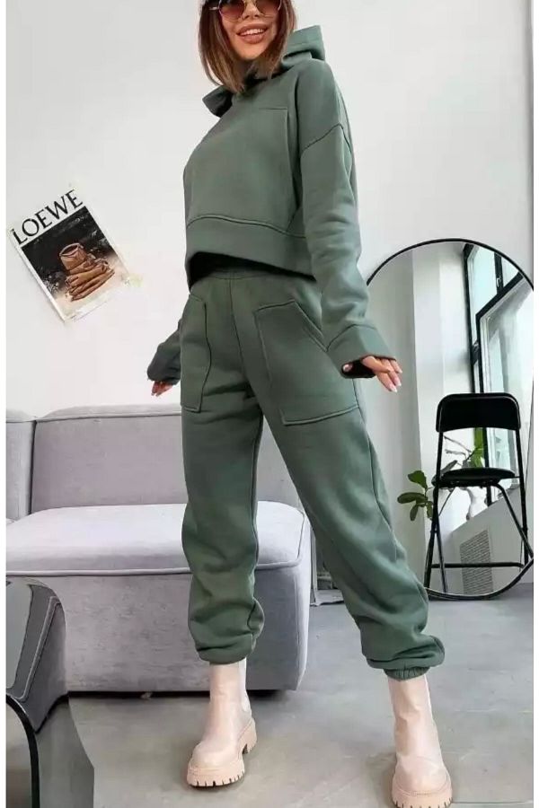 BE QUEEN Special Design Hooded New Style External Pocket Full Winter 100 Cotton Crop Women s Tracksuit Set Trendyol