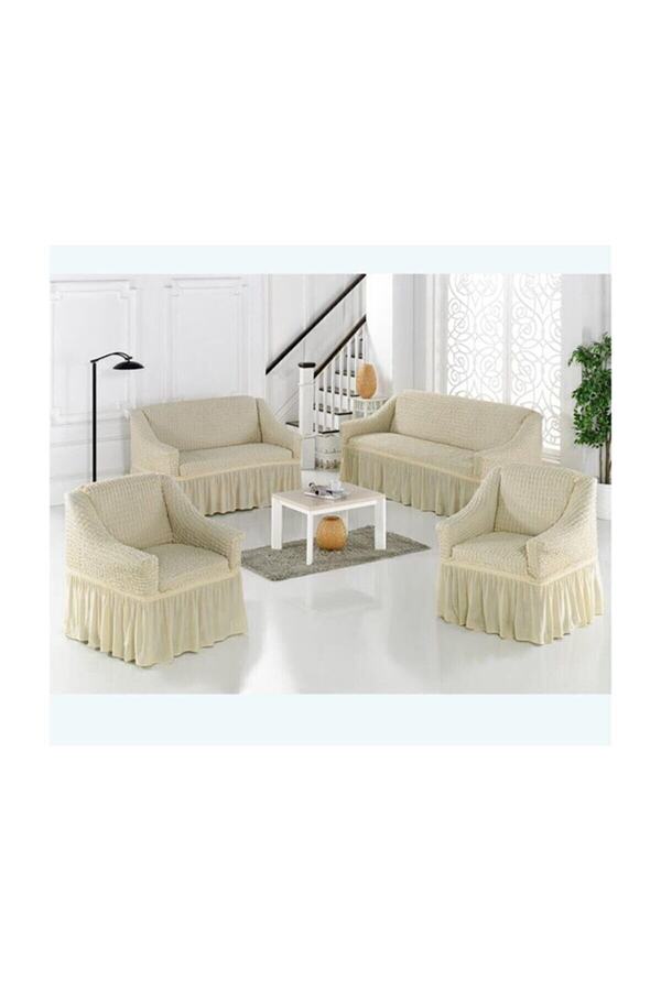 ARTUÇ-Set de huse de canapea din bumbac elastic elastic (3-2-1-1) cu fuste (CULOARE CREAM) 1