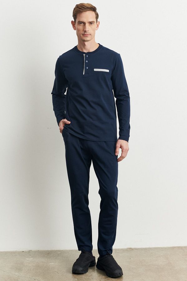 Alt ny ld z Classics Navy Blue Slim Fit Men s Pajama Set Cotton and Patternless Trendyol