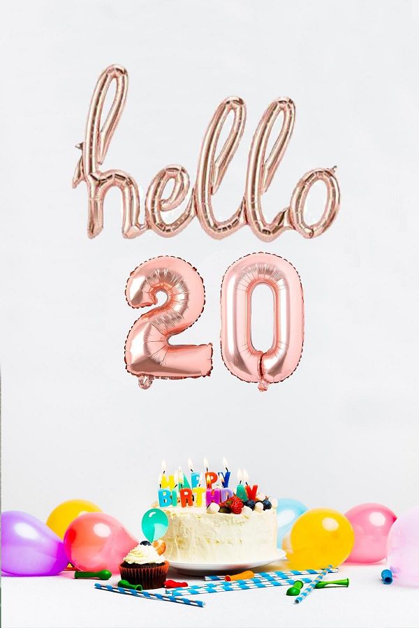 PEKSHOP 20th Birthday Balloons Hello 20 Handwritten Rose Gold Color Foil Balloon