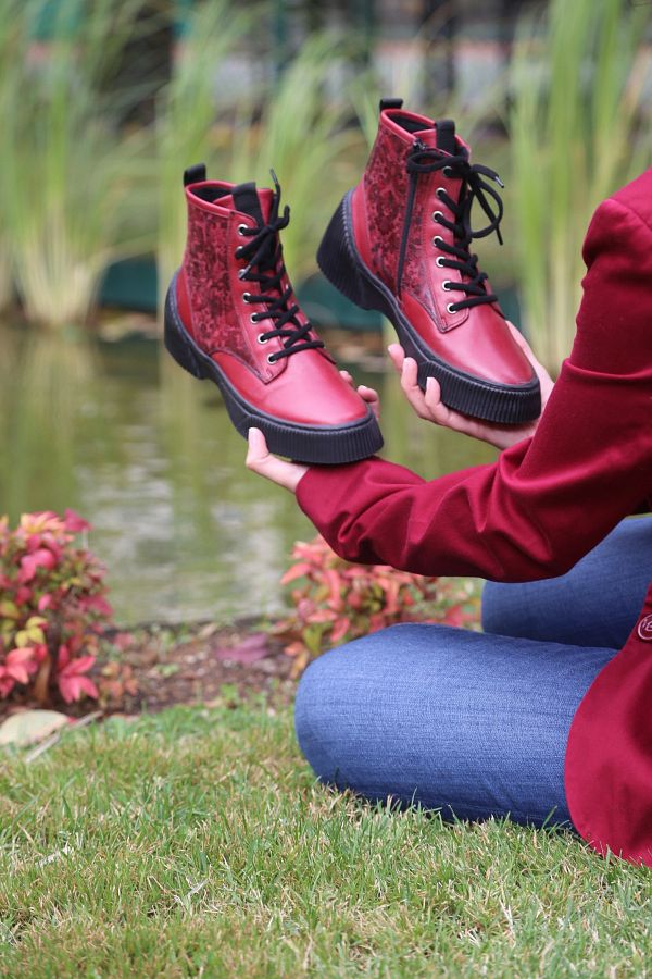 Red genuine leather boots top