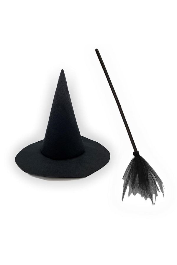Mashotrend-Black Witch Hat + Broom Halloween Hat - Halloween Hat - Witch Broom 1