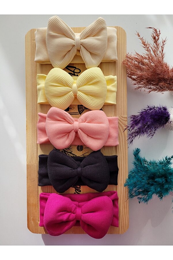 SeherBebeButik Kız Çocuk & Bebek Kaşkorse Fiyonklu Bandana 5'li Set