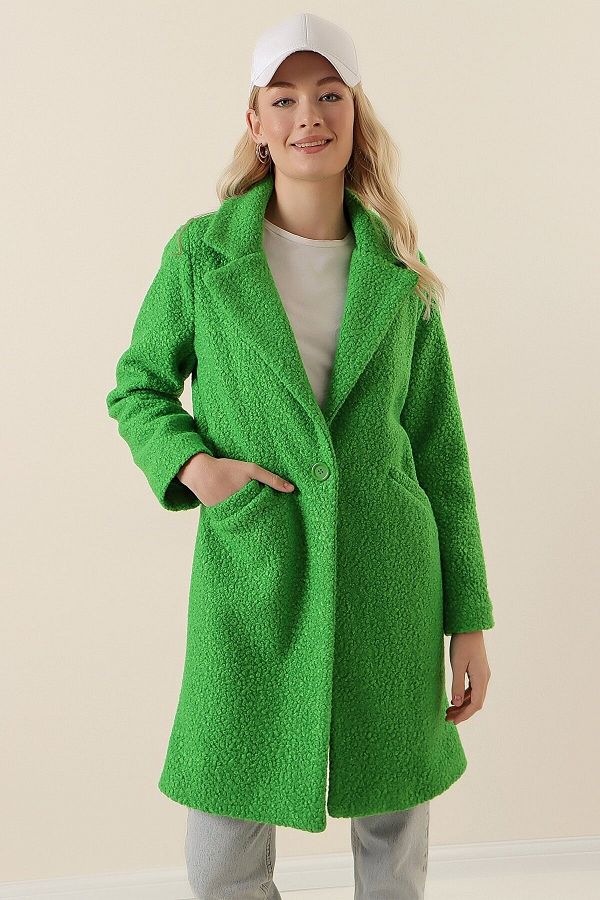 candybia Women s Green Boucle Coat Trendyol