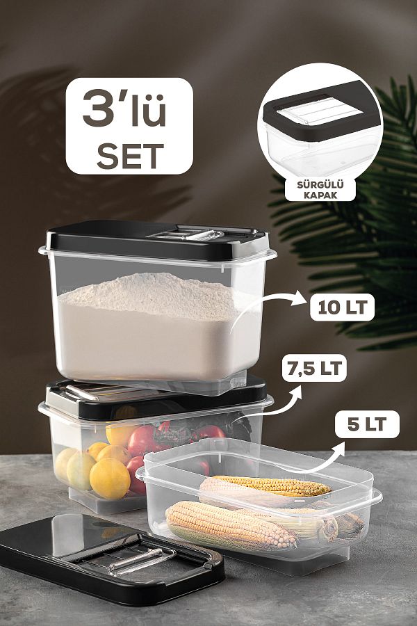 Meleni Home-3-Piece Pulses Storage Container - Food Storage Container with Sliding Lid Flour Container Anthracite 5 Lt-7,5 Lt-10 Lt 1