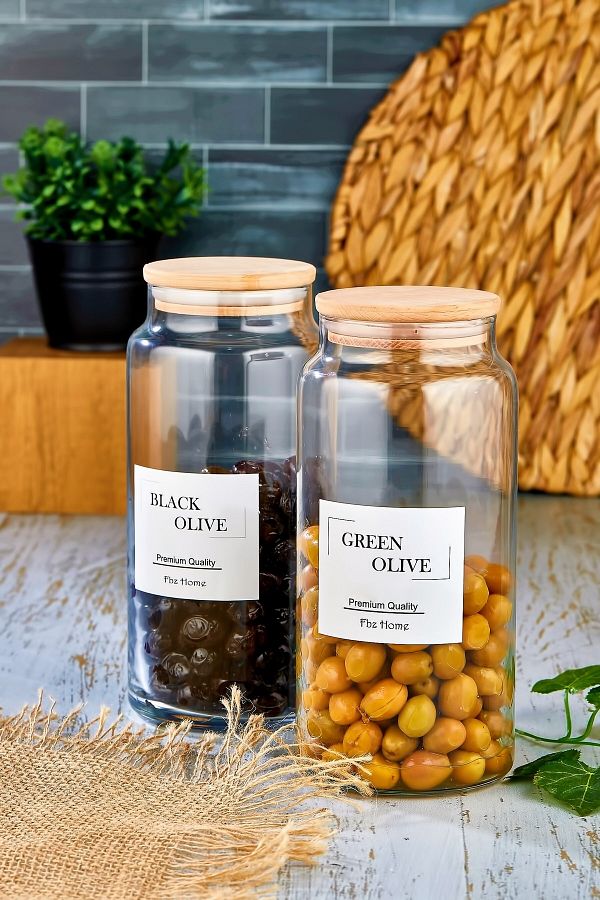 FBZhome-1300 Ml Glass Jar - 2-Piece Green and Black Olive Storage Container with Wooden Lid 1