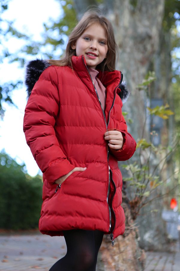 Transacoustic Girl s Red Extra Soft Filling Silver Zippered Plush Hooded Faux Fur Coat Inside Trendyol
