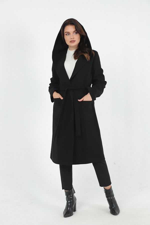 kabanc m Women s Black Hooded Cashmere Coat with Pockets Trendyol