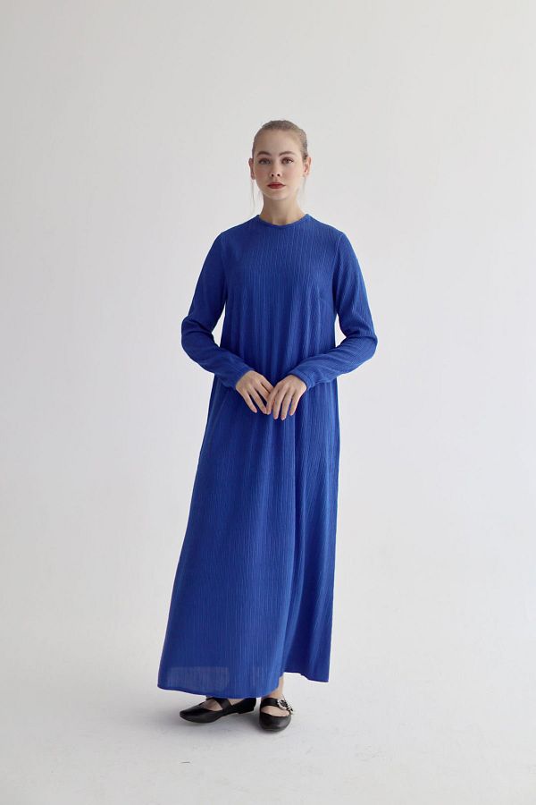 She Sea Saks Blue Pleated Long Hijab Dress Trendyol
