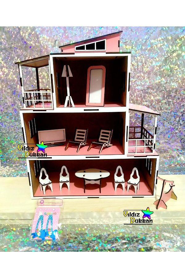 YıldızDükkan-Wooden House Natural Wooden Doll House Children's Play House 40 Cm 3 Storey Cute House 1