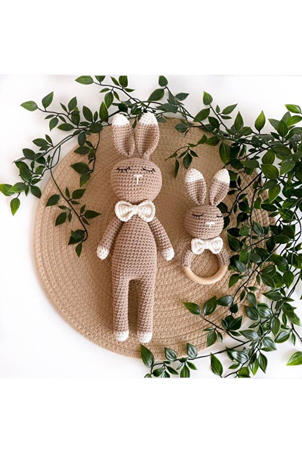 flamintoy Uykucu Tavşan Ikili Set Hediye Uyku Arkadaşı Çıngırak Amigurumi Oyuncak Bebek Örgü Oyuncak