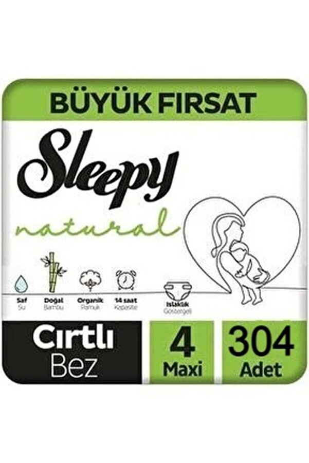 Sleepy Natural Mega Fırsat Paketi Bebek Bezi 4 Numara 7 - 14 Maxi 304 Adet Bel Bantlı Cırtlı