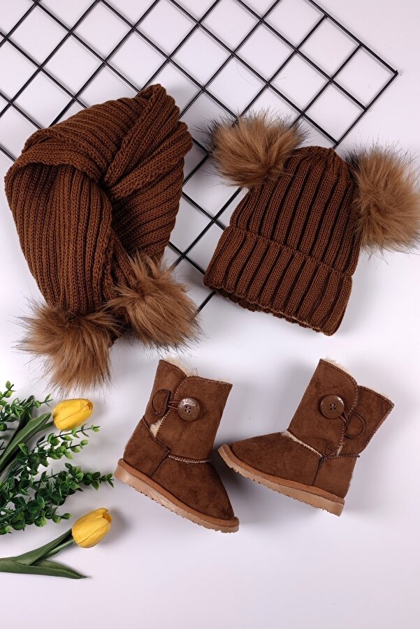 ADA BEBEK ÇOCUK Çocuk Bot Kürklü Süet Bot - Ponponlu Atkı Bere Takımı Bot Atkı Bere Takım