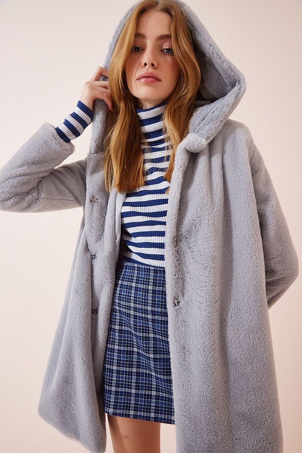 Happiness İstanbul-Women's Gray Hooded Faux Fur Coat RV00082 1