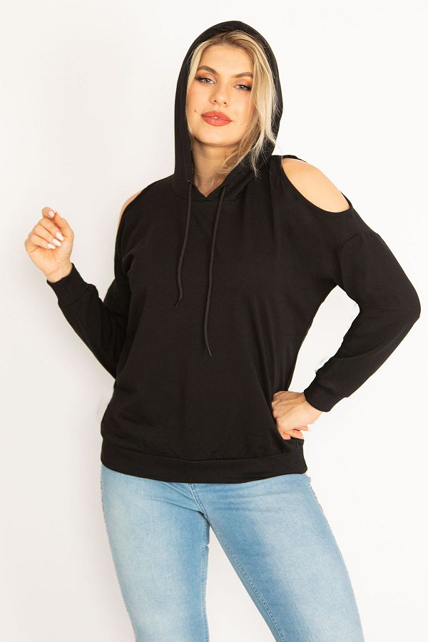 ans Women s Large Size Black Hooded Shoulderless Sweatshirt 65n18831 Trendyol