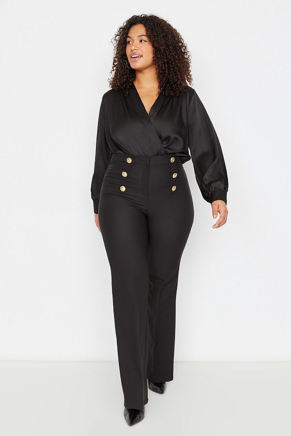 Trendyol Curve-Pantaloni negri cu nasturi, eleganti, cu picior spaniol - TBBAW23AR00057 1