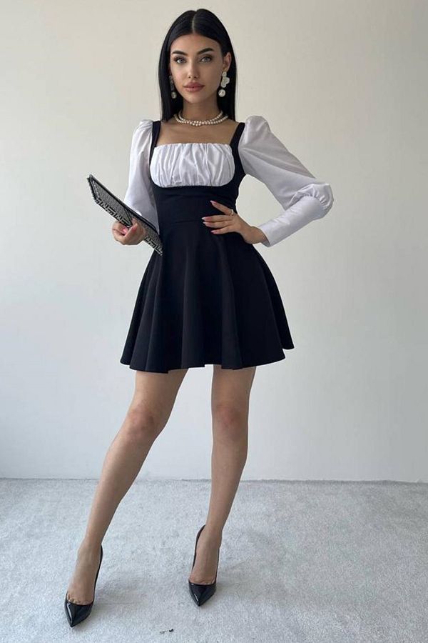 bayansepeti Women s Black and White Stylish Design Long Sleeve Flared Mini Dress 141 Trendyol