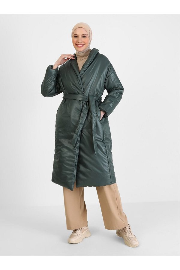 Refka Emerald Green Casual Coat Fiber Filled and Belted Trendyol