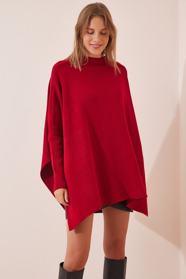 Happiness İstanbul-Roter Oversize-Poncho-Pullover mit seitlichem Schlitz für Damen YY00005 1
