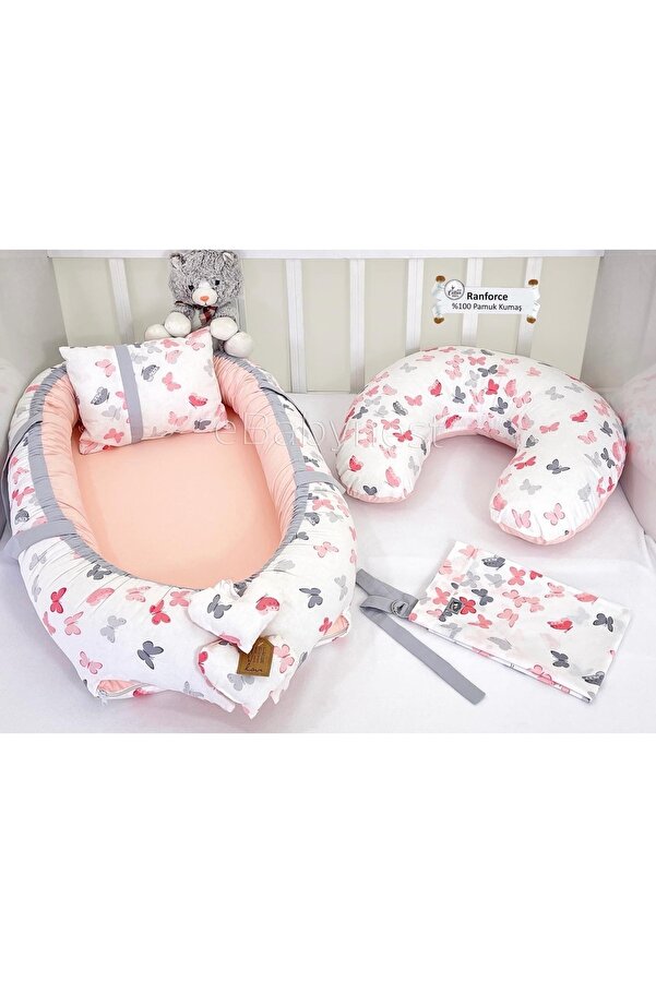 ebabynest Kelebek Serisi Pudra Gri Babynest Emzirme Yastıklı Set