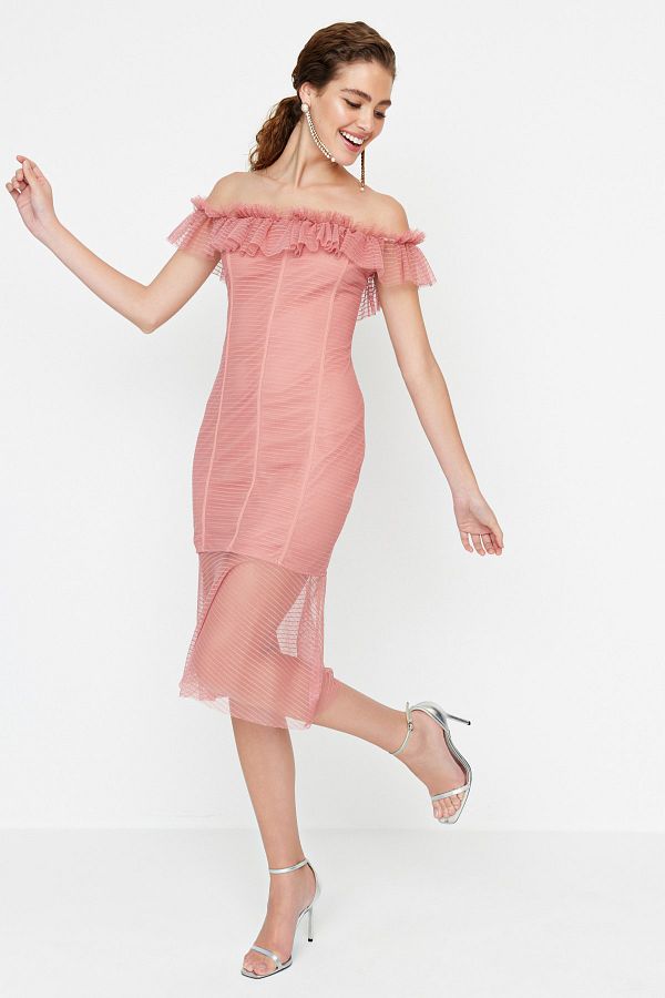 Trendyol Collection-Elegant Evening Dress with Dusty Rose Ruffle Detail TPRSS22EL3051 1