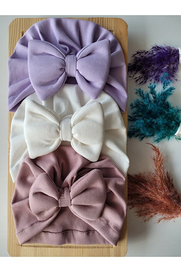 SeherBebeButik Kız Bebek & Çocuk Renkli Fiyonk Bone 3'lü Set