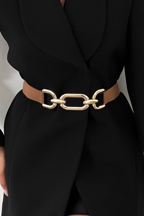 Cool & Sexy-Hellbrauner elastischer Damengürtel mit goldener Schnalle BE663 1