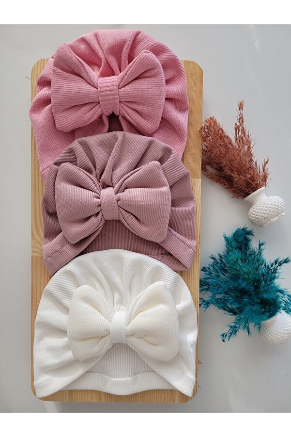 SeherBebeButik Kız Bebek & Çocuk Renkli Fiyonk Bone 3'lü Set