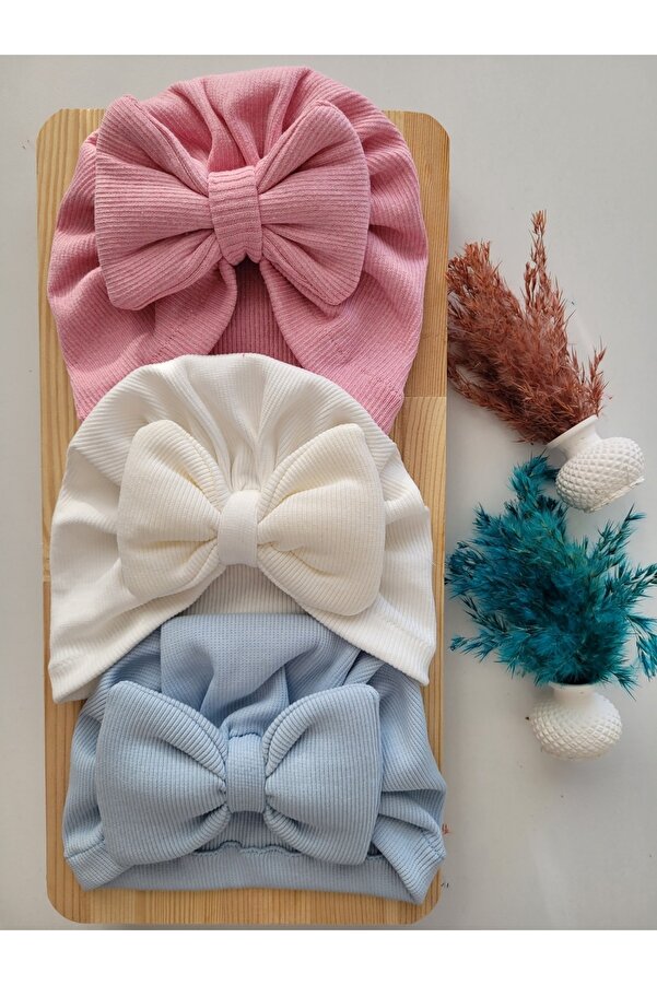 SeherBebeButik Kız Bebek & Çocuk Renkli Fiyonk Bone 3'lü Set