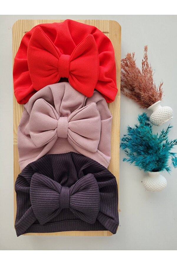 SeherBebeButik Kız Bebek & Çocuk Renkli Fiyonk Bone 3'lü Set