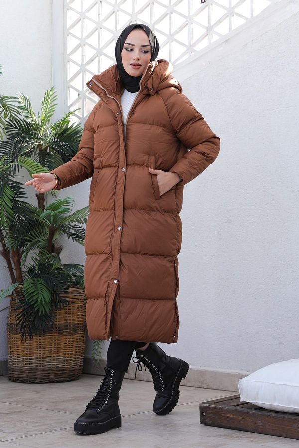 Long tan puffer coat hot sale