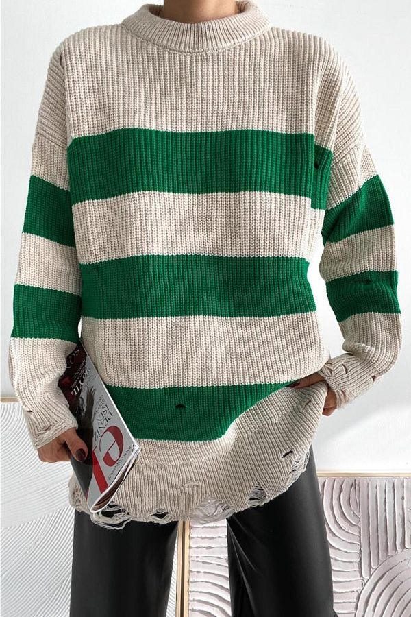 FEMELLE Women s Green Striped Standard Size Ripped Oversize Knitted Knitwear Sweater Trendyol
