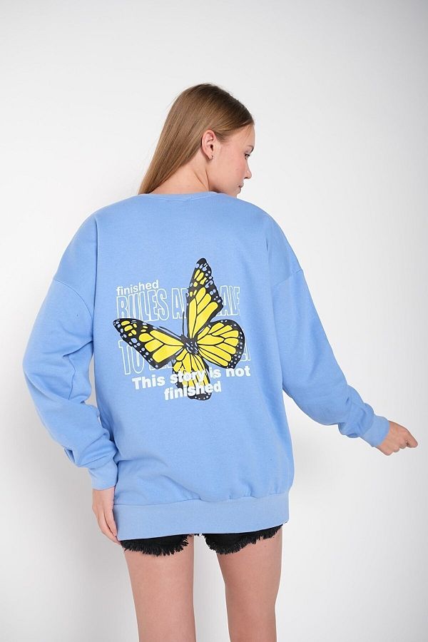 MODAGEN Women s Baby Blue Yellow Butterfly Printed Crew Neck Oversize Sweatshirt Trendyol